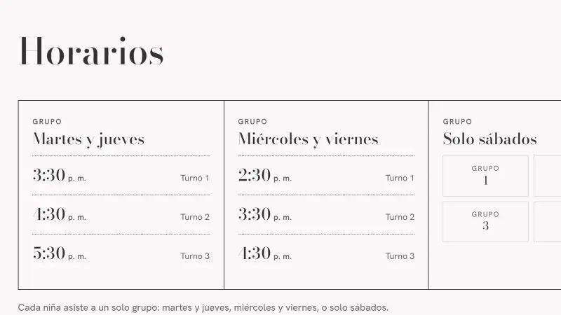 Sección de horarios del sitio del Estudio de Danza Pointé: tres grupos, martes y jueves, miércoles y viernes, y solo sábados, con sus turnos y horas.