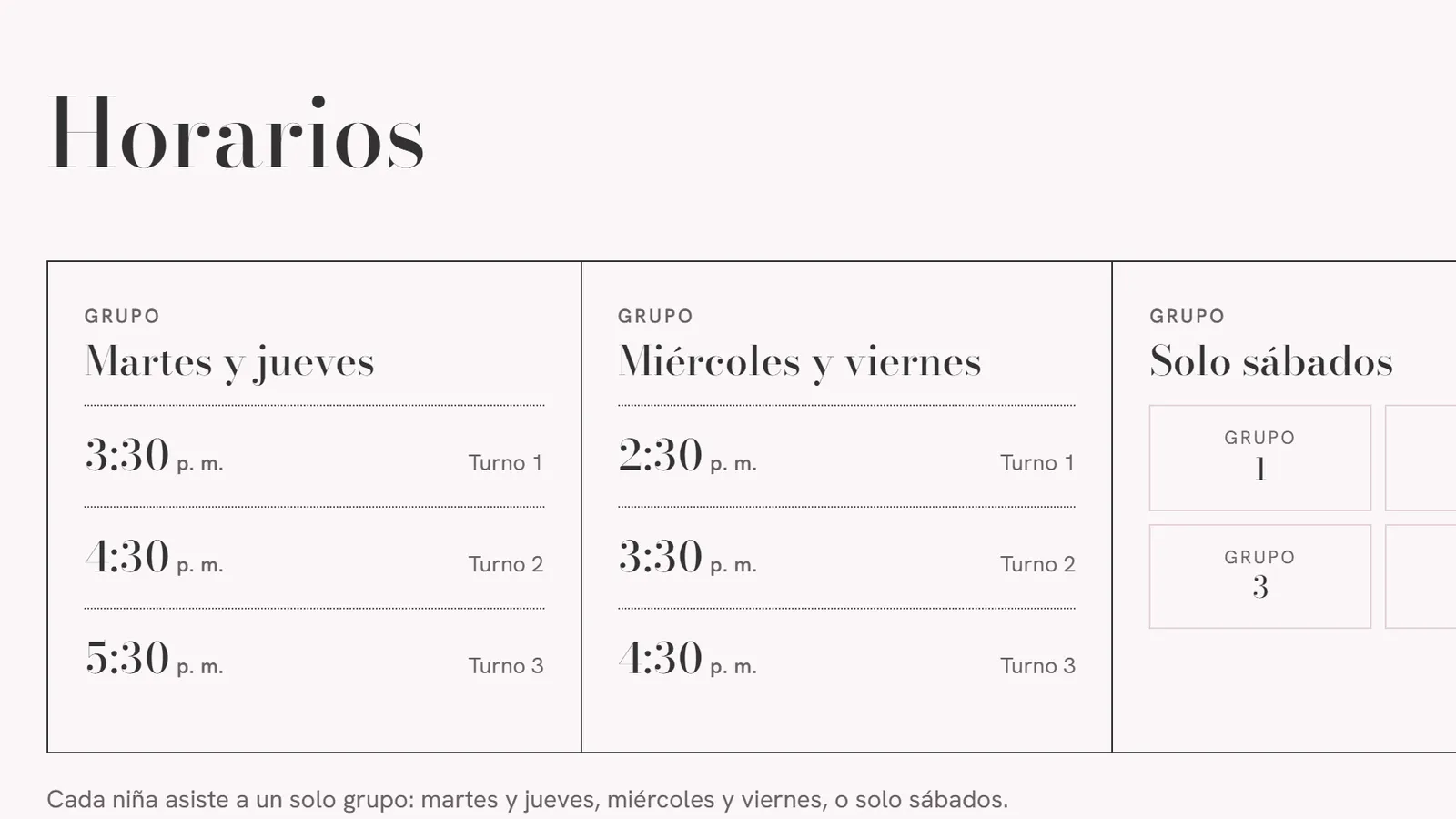 Sección de horarios del sitio del Estudio de Danza Pointé: tres grupos, martes y jueves, miércoles y viernes, y solo sábados, con sus turnos y horas.
